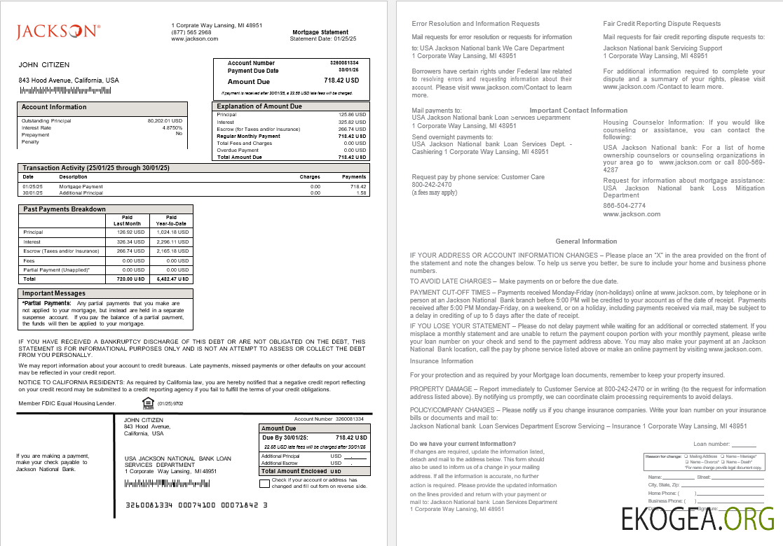 Relevé hypothécaire de la banque nationale USA Jackson aux formats Word et PDF